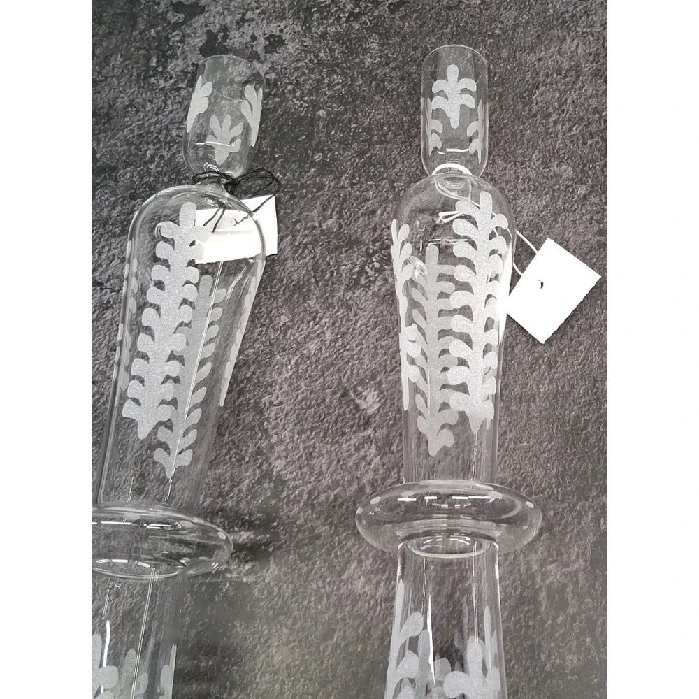 Pottery Barn Set of (2) Etched Glass Taper Candle Holders 13 Inches Tall NWT